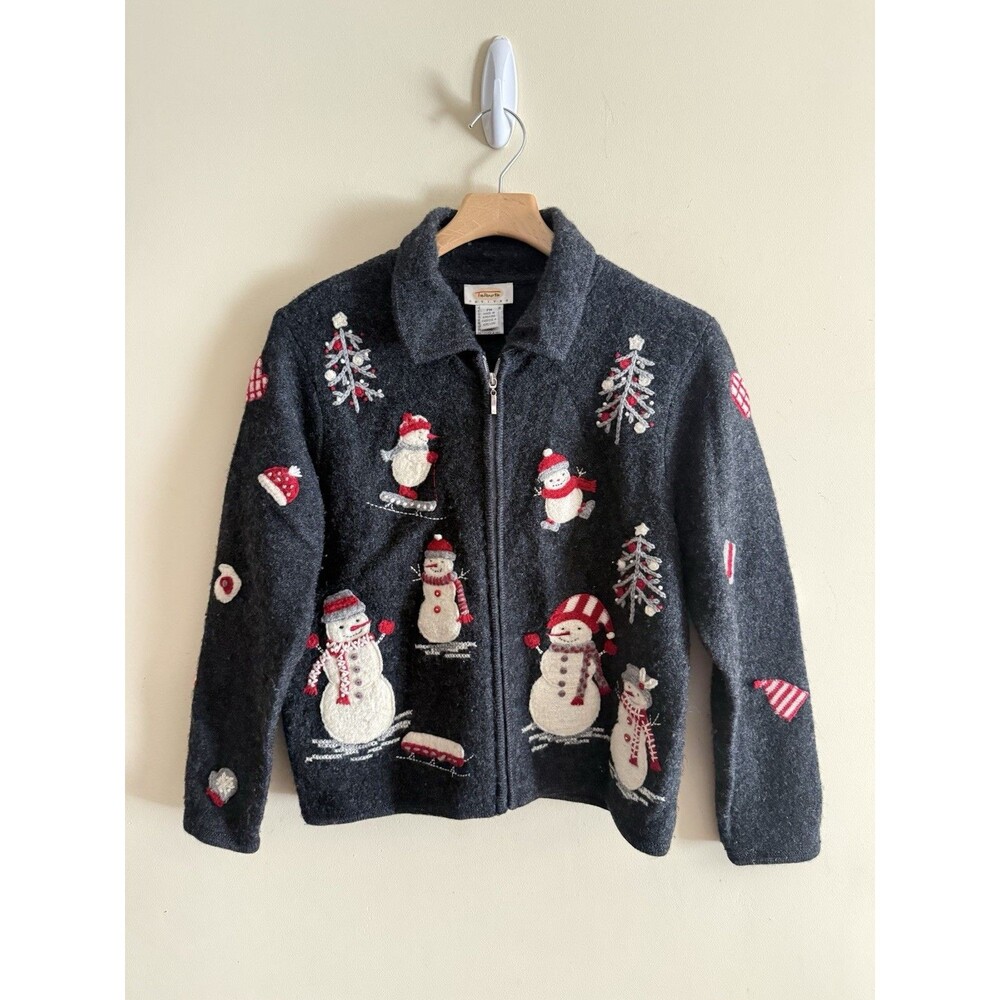 Talbots Petites Ugly Christmas Gray Snowman 100% Wool Sweater Zip Front Sz M VTG